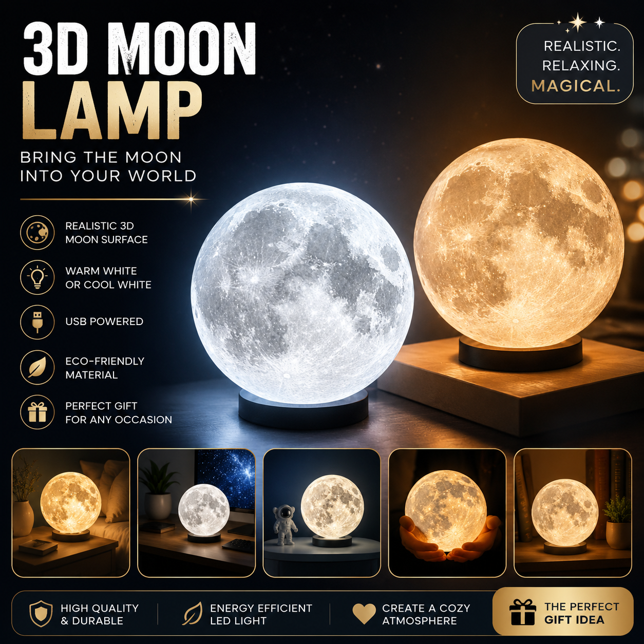3D Moon Lamp LED – Realistic Moon Night Light | Warm & Cool White | USB Powered | Home & Bedroom Decor