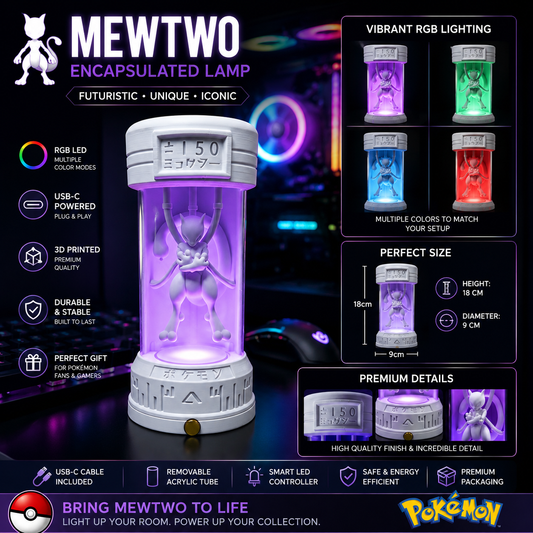 Lampe LED encapsulée Mewtwo – Veilleuse de bureau USB RVB Chambre de clonage Pokémon | Présentoir imprimé en 3D